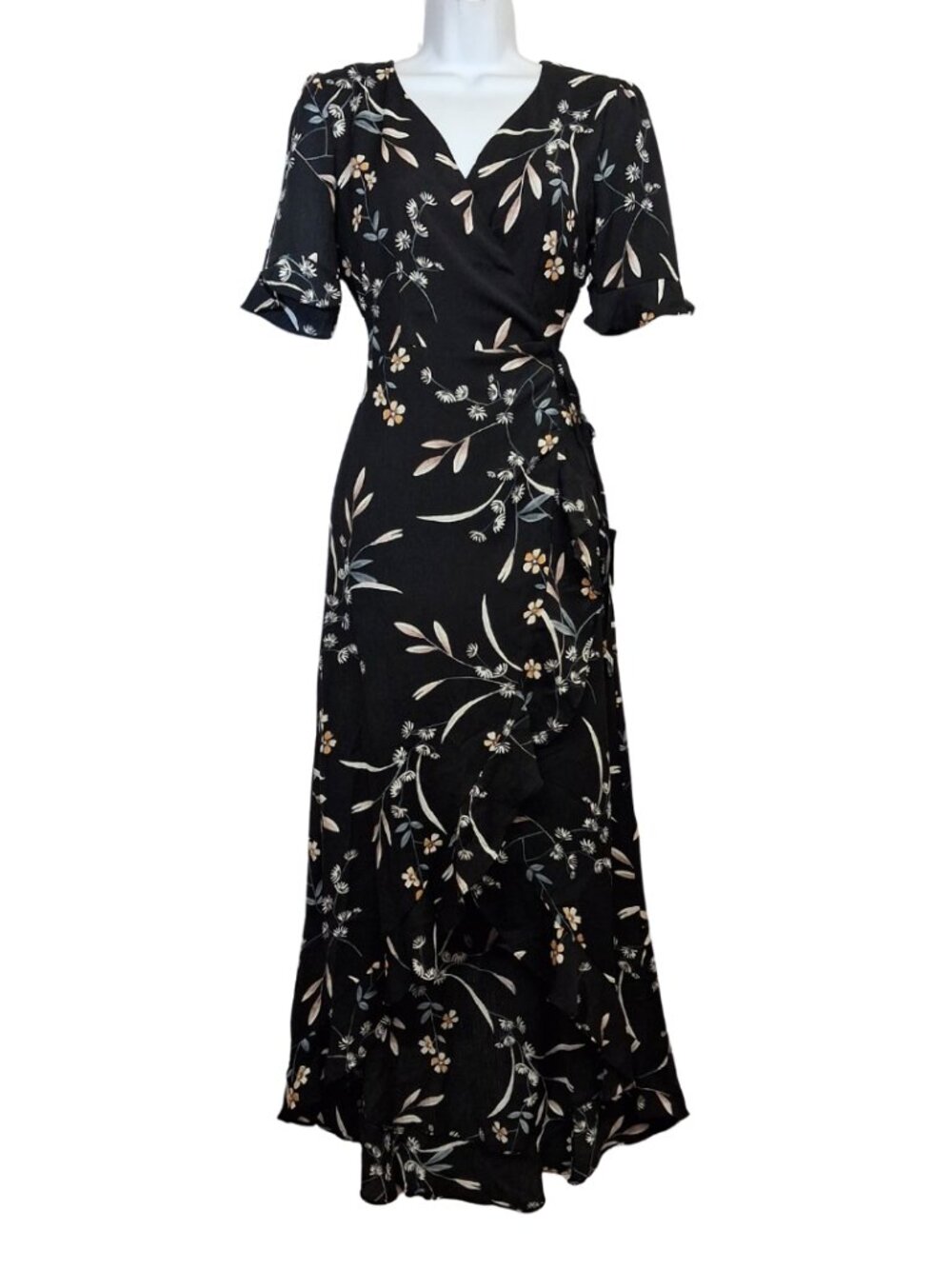 LULU'S Floral Wrap Dress Black Print Midi Maxi Short Sleeve Summer Boho XS NWT